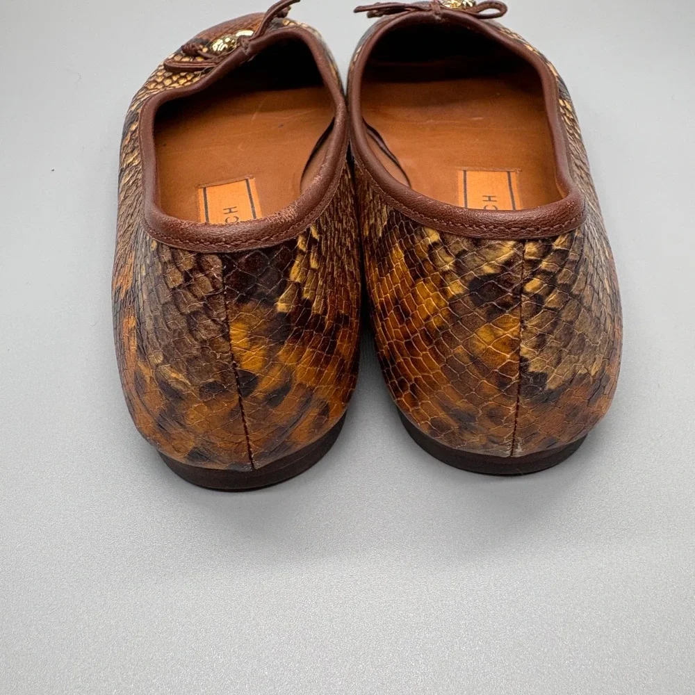 Tory Burch Ballet Flats 7M Snakeskin Python Embossed Leather Logo Charm Brown‎
